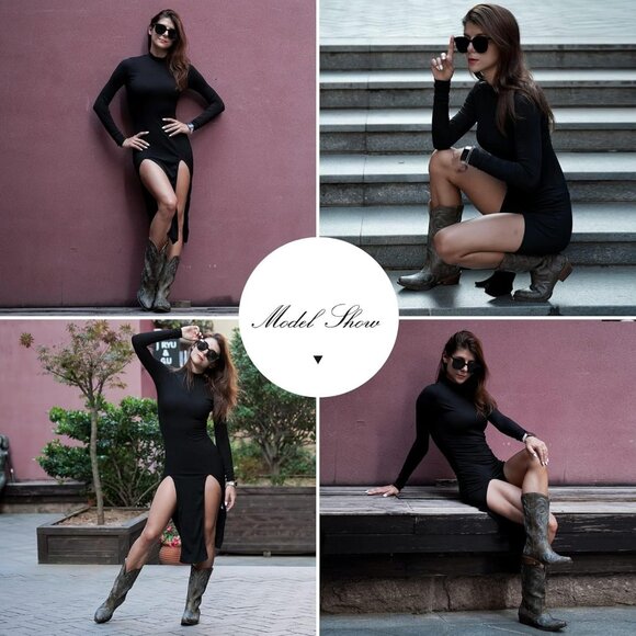 Women Brown Faux Leather Pointy Toe Western Boots Rubber Slip-on - Picture 4 of 6